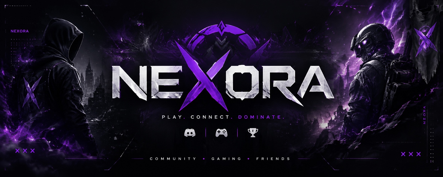 NEXORA – violettes Gaming-Artwork mit zwei Charakteren und dem Schriftzug Play. Connect. Dominate.